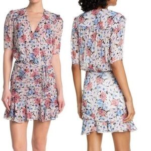 Veronica Beard‎ Dakota Ruched Silk Floral Flounce Mini Dress White Multi Size 0